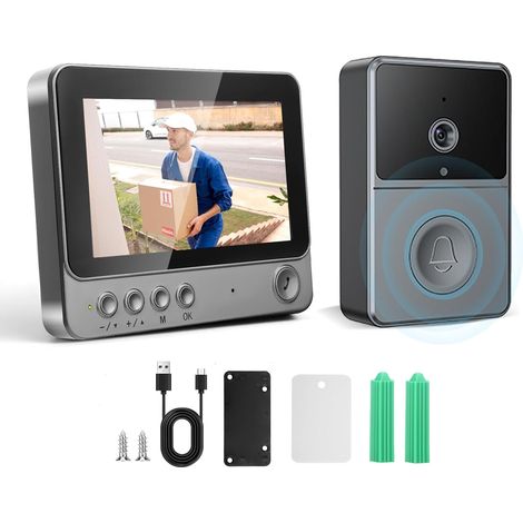 Sonnette sans Fil avec Caméra, IP65 Exterieur Etanche, 1080P HD Écran 4.3", 2.4G Sonnette Vidéo sans Fil, Audio Bidirectionnel, Vision Nocturne, Résistant aux intempéries, Supporte la MicroSD