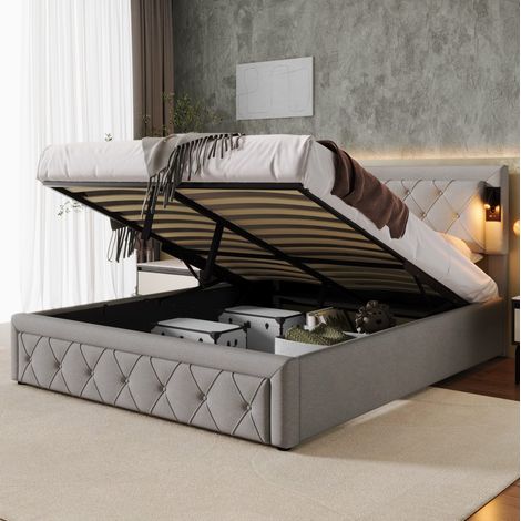 Cama baúl 160x200 cm de lino gris con almacenamiento, LED y USB FloraGrace (1/5)