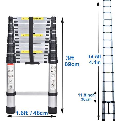 Échelle télescopique légère 4,4m Echelle Pliante Aluminium avec Le mécanisme de rétraction, Charge Maximale 150kg, Sûre et Solide, Extensible Ladder