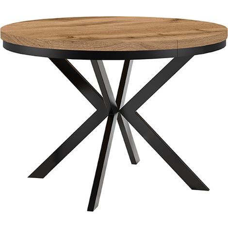 Table de salle à manger ronde extensible ENDIK avec cerclage métallique, diamètre : 110 / 160 cm, couleur :wotan / noir