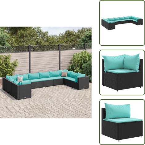 Coussin extérieur - vidaXL Salon de jardin 10 pcs avec coussins noir résine tressée - Salon de jardin (1/5)