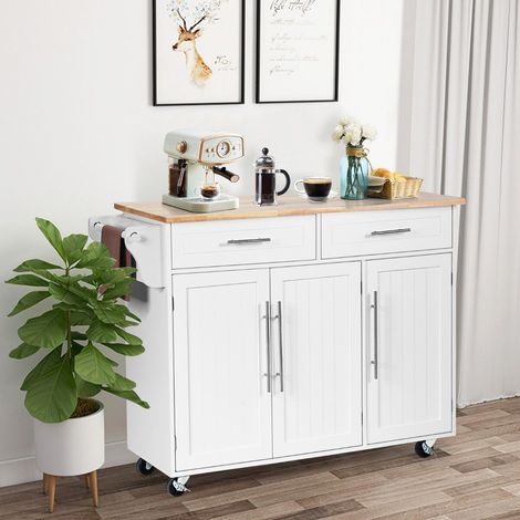 Kitchen Island Trolley Cart Wood Top Rolling Storage Cabinet-White (1/5)