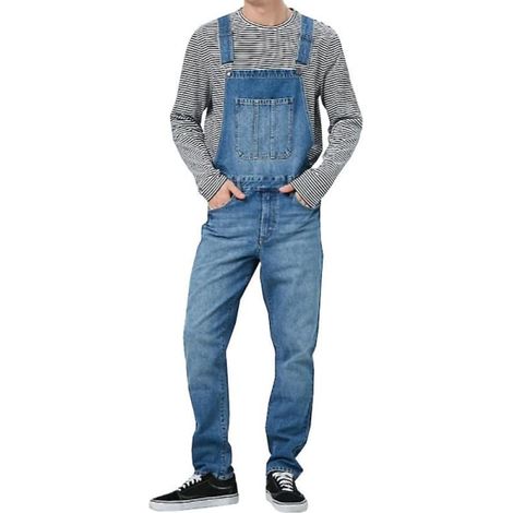 Jean salopette en jean délavé pour homme, bleu foncé, taille S, denim robuste, vêtement de travail décontracté, pantalon à bretelles ajustable, tenue utilitaire vintage, confortable et durable. (1/4)