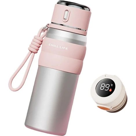 (Argent, 450 ml) Bouteille d'eau isotherme intelligente, en acier inoxydable, étanche, avec un bec verseur et un affichage de la température. (1/5)