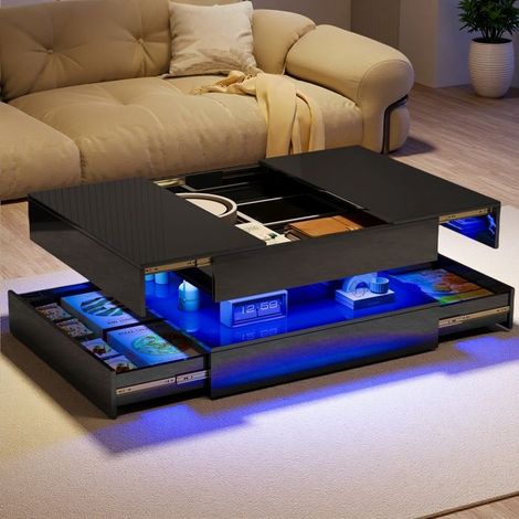 Couchtisch - Modern - Ausziehbare Platte - 2 Schubladen - LED-Beleuchtung - Schwarz