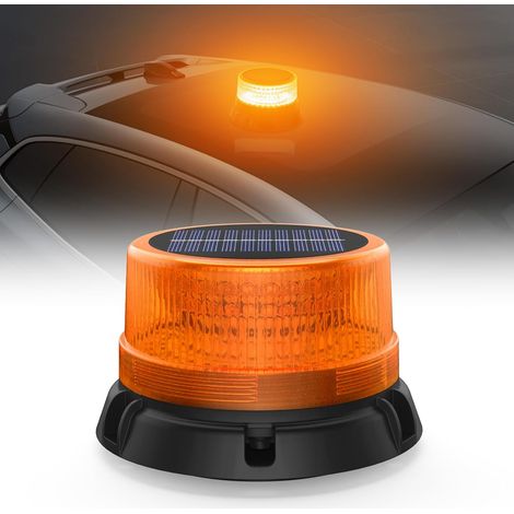 Gyrophare LED Orange sans Fil, Feu d'Avertissement Rechargeable Socle Aimanté, Panneau Solaire, Étanche IP65, pour Tracteur, Camion et Chantier, 2 Modes Flash (1/5)