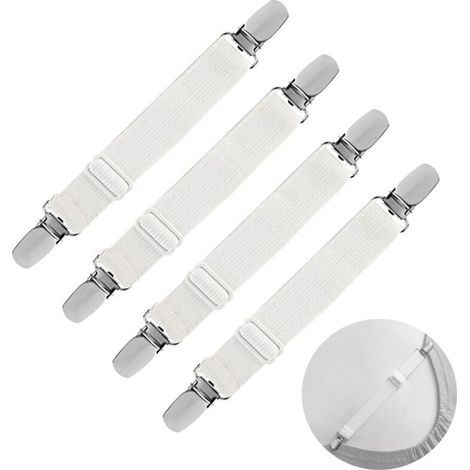 Élastique de fixation pour drap housse, tendeur ajustable avec sangle de maintien – Lot de 4 en blanc – Pour lit, canapé ou housse à repasser – OUYLAF (1/4)