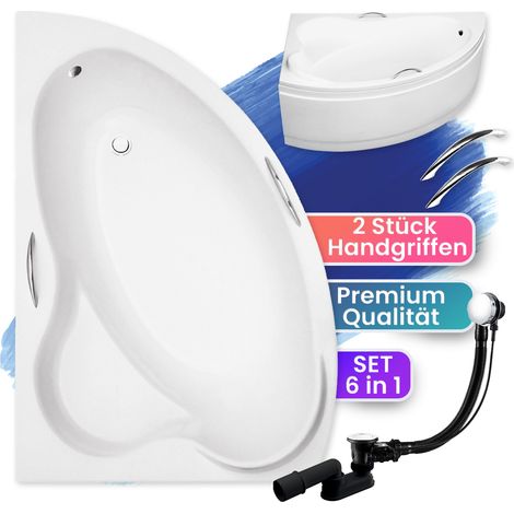 Badewanne Eckbadewanne 140x90 Links mit AcrylSchürze + Handgriffen, Ablauf & Füße GRATIS - Komplettset 5in1 Original Acryl Wanne - BADLAND ADA (1/5)