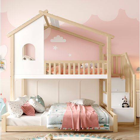 Lit superposé 90x200+140x200 bois blanc/naturel, rangement gain de place, sans matelas – MEUBLIV (1/5)