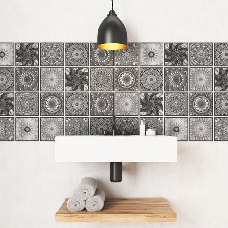 Sticker Mural Carrelage adhésif Cuisine Salle de Bain - 24 STICKERS CARREAUX DE CIMENT BOHÈME POLOMA - 24stickers10x10cm (1/5)