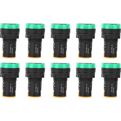 Lot de 10 voyants lumineux d'alimentation LED BERM, boîtier en polycarbonate ignifugé, diamètre 22 mm, 380 V, AD16-22D/S, vert