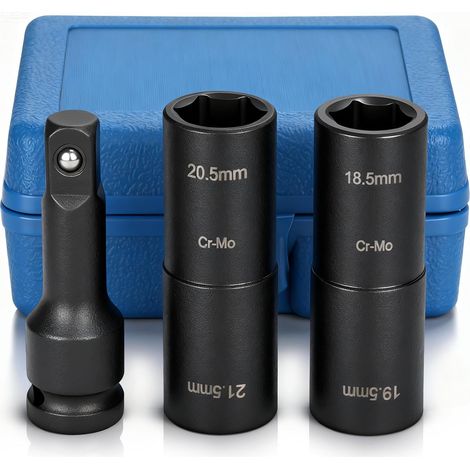 Set mit 3 Schlagschraubern (18,5 mm, 19,5 mm) – 7,6 cm Verlängerung – 1/2"-Doppelradmutternschlüssel – Radmutternschlüssel und Reifenwechselwerkzeug – Geeignet für Ford, Land Rover und alle anderen Ma (1/5)