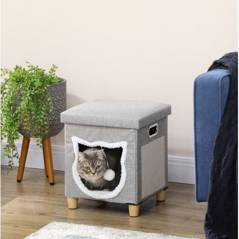 Niche pour chat en MDF, coussin, tapis griffoir et balle, grise DESVIAE (1/5)