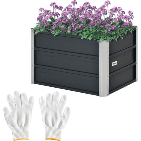 Jardinière surélevée en acier, bac à fleurs, pot de fleurs avec gants, gris foncé, 66 x 47 x 40 cm