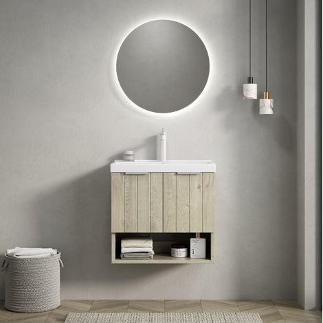 Waschtischunterschrank mit Keramikwaschbecken, Sperrholz, Off-White/Weiß, mit 2 Türen und offenem Regal (1/5)