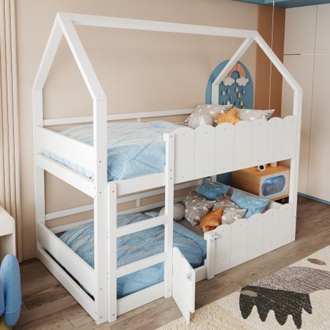 Lit superposé - lit enfant - lit 90x200 cm avec barrières de sécurité et sommier à lattes - en bois - blanc et bleu - sans matelas (1/5)