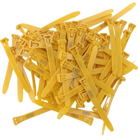 100 étiquettes d'identification numérotées, ajustables et inaltérables, pour pattes de poulet, canard et oie (jaune). (1/5)
