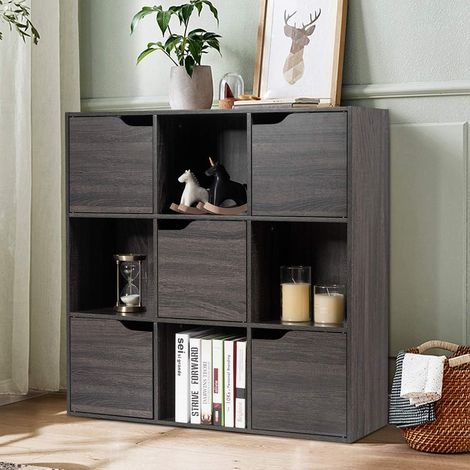 COSTWAY Bücherregal mit 9 Faecher, 5 Türen, Aufbewahrungsregal, freistehend, 90 x 29 x 90 cm grau