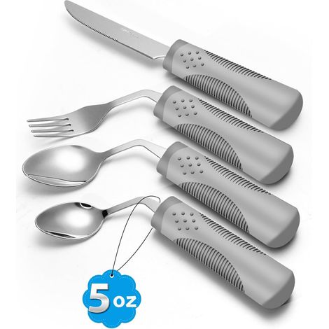 JSSEVN-Ustensiles adaptatifs (ensemble de cuisine 4 pièces) lestés 140 g – Ustensiles coudés à 42° pour patients atteints de Parkinson (1/5)