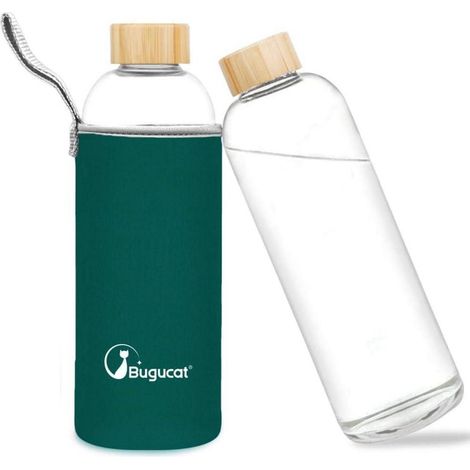 Bugucat Glasflasche 1 Liter Trinkflasche Borosilikat Glas Schutzhülle (1/5)