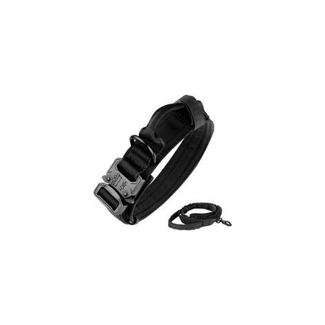 Collier tactique pour chien en nylon 1000D réglable – Boucle métal à libération rapide – Poignée de contrôle – Laisse élastique 160 cm – Taille XL, noir (1/5)