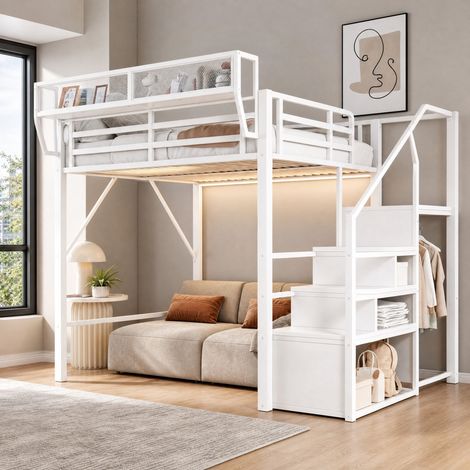 Cama alta 255x145x191 cm, con tira LED, escalera de seguridad, estante flexible, metal, blanco (1/5)