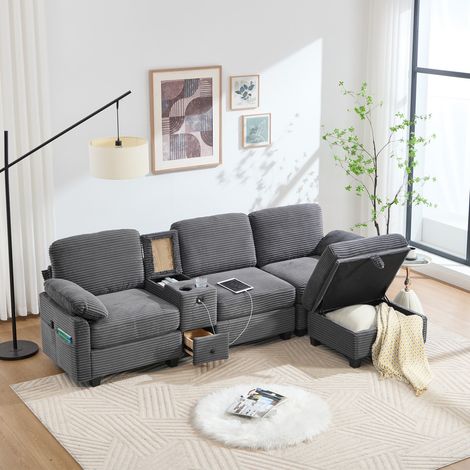 Canapé velours côtelé confort. Console amovible 2 porte-gobelets rangement, USB-C, poche, tiroir, pouf mobile. Confort & fonctionnalité 266x136x82cm - Gris foncé (1/5)