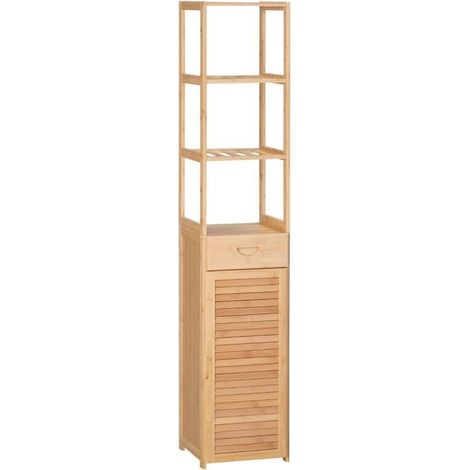 Étagère de salle de bains en bambou naturel, équipée de 3 niches ouvertes, d’un tiroir et d’une porte à lames. Dimensions : 32 x 30 x 163 cm