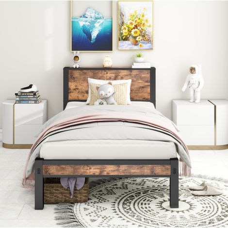 Einzelbett 90x200 cm antikbraun aus MDF und Metall mit Stauraum, Kopf- und Fußteil, stabil (1/5)
