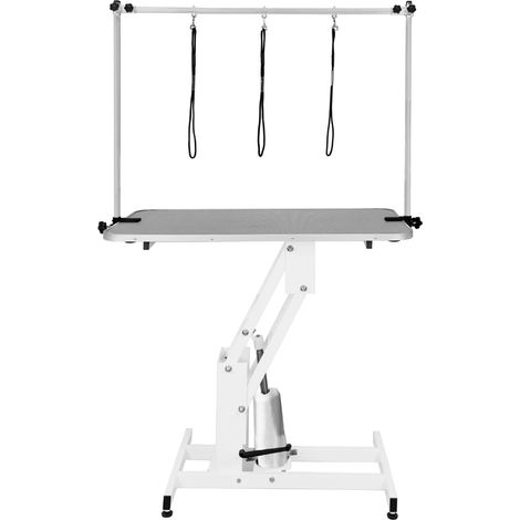 Tavolo Professionale Idraulico per Toelettatura Cani - Altezza Regolabile 55-101 cm, Capacità 180 kg, Piano 106x61 cm in Gomma Rosa Antiscivolo, Struttura in Acciaio Bianco, 4 Piedini Livellanti, 3 Gu