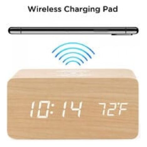 Sveglia digitale in legno con caricatore Qi, display LED, controllo volume, ora, data, temperatura per camera da letto, ufficio (1/2)