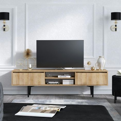 Meuble TV scandinave décor bois 2 tiroirs coulissants UMEA (1/4)