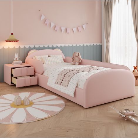 Letto imbottito per bambini 90x200 cm rosa in PU con testiera a forma di orso e comodino coordinato (1/5)