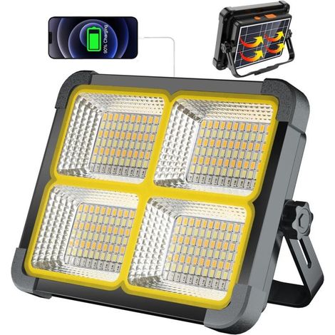 Projecteur LED Rechargeable 100W, Projecteur Chantier Rechargeable 336 LEDs/Panneau Solaire/ 4 Modes d'éclairage/Batterie Externe 12000mAh/ (1/4)