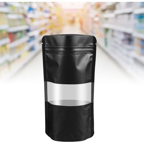 Lot de 50 sachets de conservation alimentaire en plastique avec fenêtre, fermeture à glissière, noir mat, 10 x 15 + 3 cm (1/5)