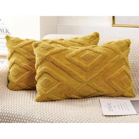 Housse de coussin jaune - motif à carreaux doux, style bohème - convient pour le salon, la chambre, etc. - Lot de 2, 30×50 cm (1/5)