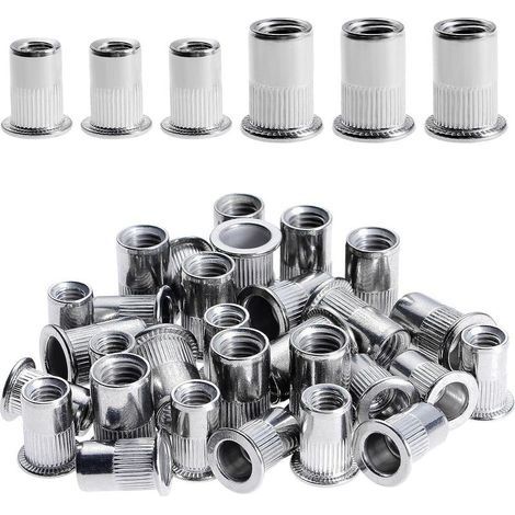 100 Pièces Rivet Ecrou M6 M8, Écrous à Rivets en Acier Inox, Tête Plate Ecrou Insert Assortiment Kit pour Bois Meubles, Ecrou M6 Ecrou M8, Chaque Taille 50 Pièces (1/5)