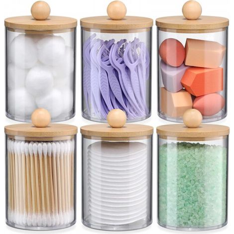 Boîte de rangement transparente pour cotons-tiges, 7,27,210,7cm, contenant 6 disques démaquillants ronds en coton avec couvercle en bambou. (1/5)