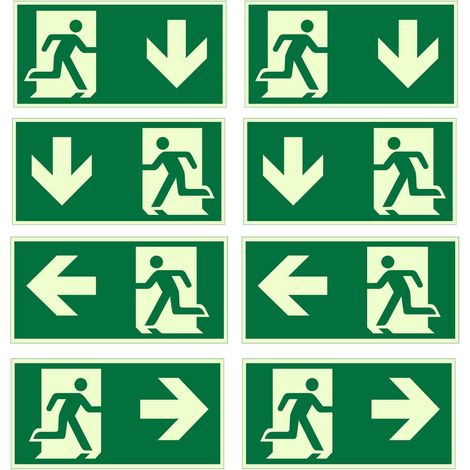 Lot de 8 panneaux de sortie de secours - 300 x 150 mm - Avec flèches vers le bas, gauche et droite - En PVC autocollant - Pour sortie de secours - Très phosphorescent - Pour différents bâtiments (1/5)