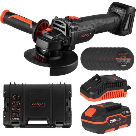 Meuleuse d'Angle sur Batterie 20V Brushless, Disque 125mm, 2 Vitesses (3000/8500 tr/min), pour Couper/Ébarber/Poncer, Batterie 4Ah, Chargeur