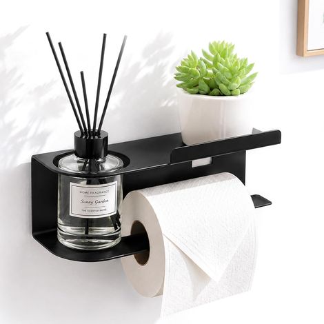 Porte Papier Toilette Support Papier Toilette Mural avec Tablettes Acier Inoxydable Porte Serviette sans Percage Support Papier WC Auto-adhésif pour Salle De Bain Cuisine, Noir (1/5)