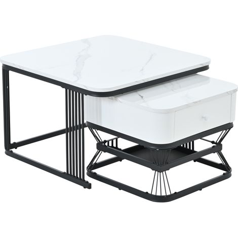 Set de 2 mesas de centro efecto mármol blanco y negro con 1 cajón (1/5)