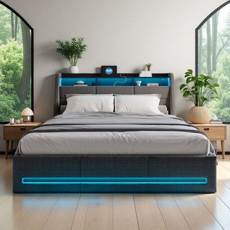 Cama Doble 160x200 - Hidráulica - Gran Almacenaje - LED RGB - Puertos USB/TYPE-C