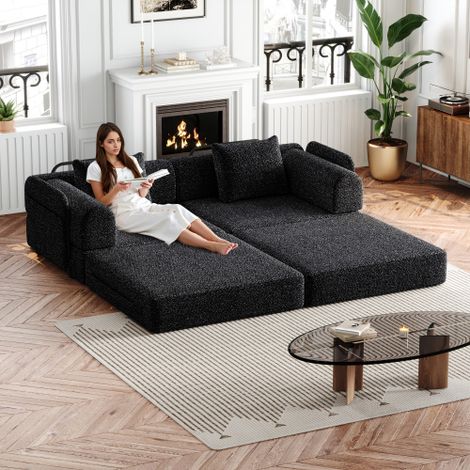Canapé-lit 2-en-1 en chenille — Doté de rangements intégrés dans les accoudoirs et d'un cadre métallique triple épaisseur  offre une variété d'options de configuration. Ensemble de 2 pièces. (1/4)