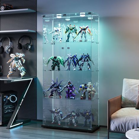 ADWOLT - Vitrine en Verre - 4 étagères et 2 porte -Vitrine avec Lumières LED - 78.5 x 35 x 163 cm - Noir -Pour Salon, Chambre