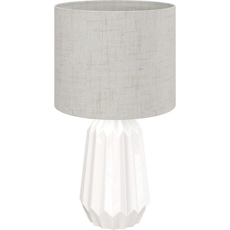 Lampe de chevet en céramique blanche et beige, abat-jour en lin, interrupteur intégré, douille E27, lampe de table design pour salon ou chambre. (1/5)