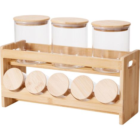 Set mit 8 Glasgläsern mit Bambusdeckeln auf einem Ständer, 500 ml / 120 ml (1/2)