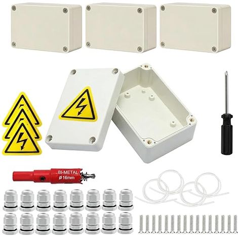Junction Box, IP67 Waterproof Junction Box, 100 x 68 x 50 mm, Electronic Box with Screw Connections, Safety Plates, Hole Saw 16 mm, Screwdriver (1/5)