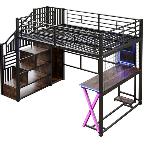 Letto a soppalco 140 x 200 cm con scrivania, LED, armadio, ripiani e scala contenitore, nero (1/5)