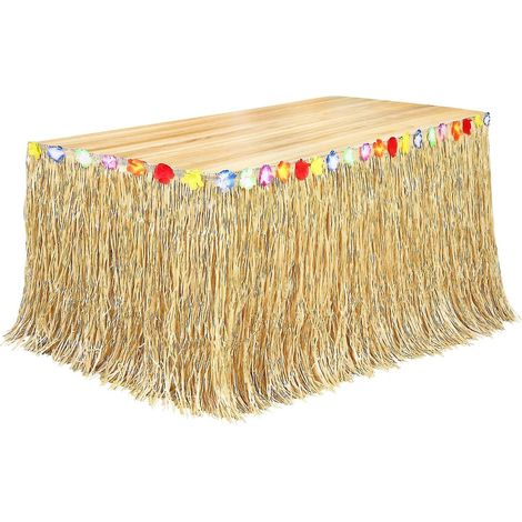 Jupe de table en herbe naturelle 274 m x 75 cm style hawaïen pour décoration de fête tropicale hawaïenne déguisements jaune (1/4)